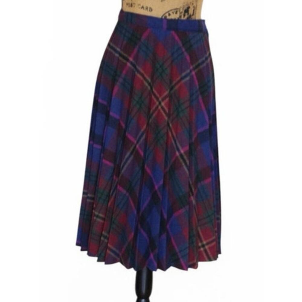 Vintage 1980s Plaid Wool Blend Pleated Accordion A-Line Midi Skirt Women's Small